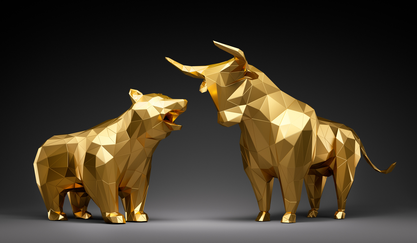 Goldener Bulle und Bär in low Poly Darstellung vor dunklem Hintergrund